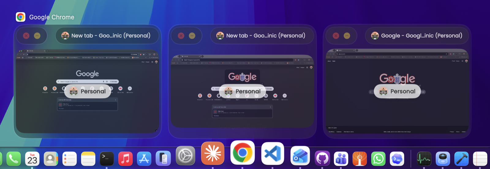 ReddishGreen Dock showing three live Chrome window previews with profile names above the macOS Dock